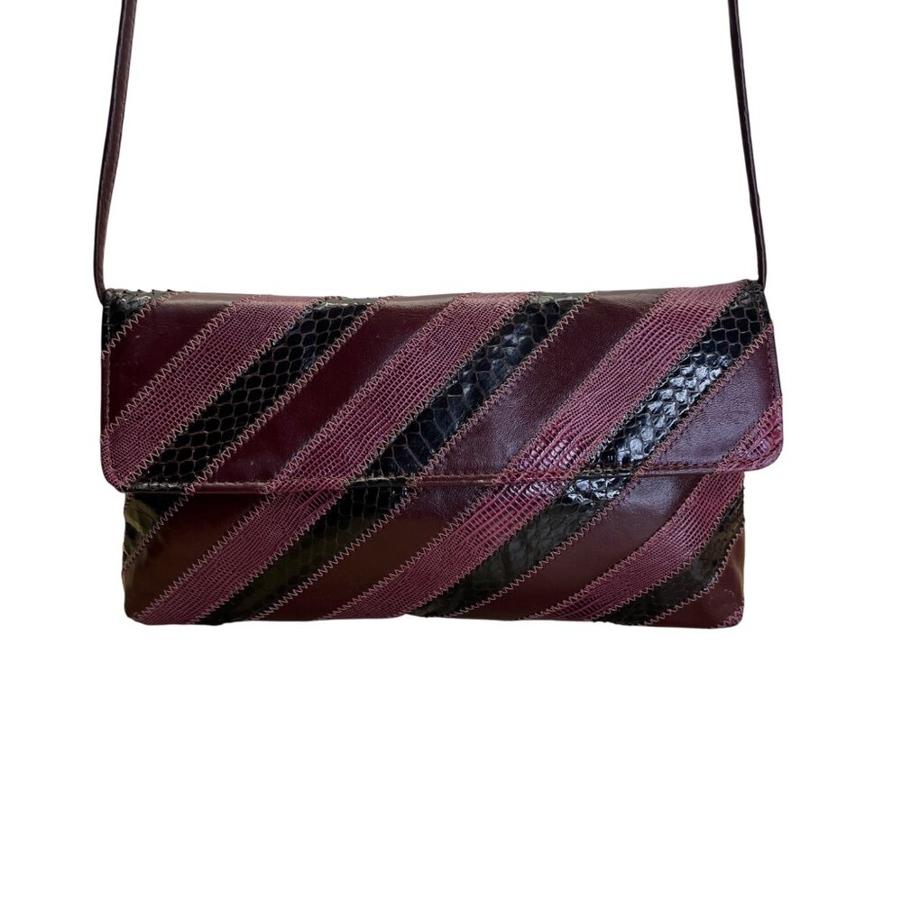 Vintage Dame Burgundy & Black Striped Leather Snake Embossed Shoulder Bag